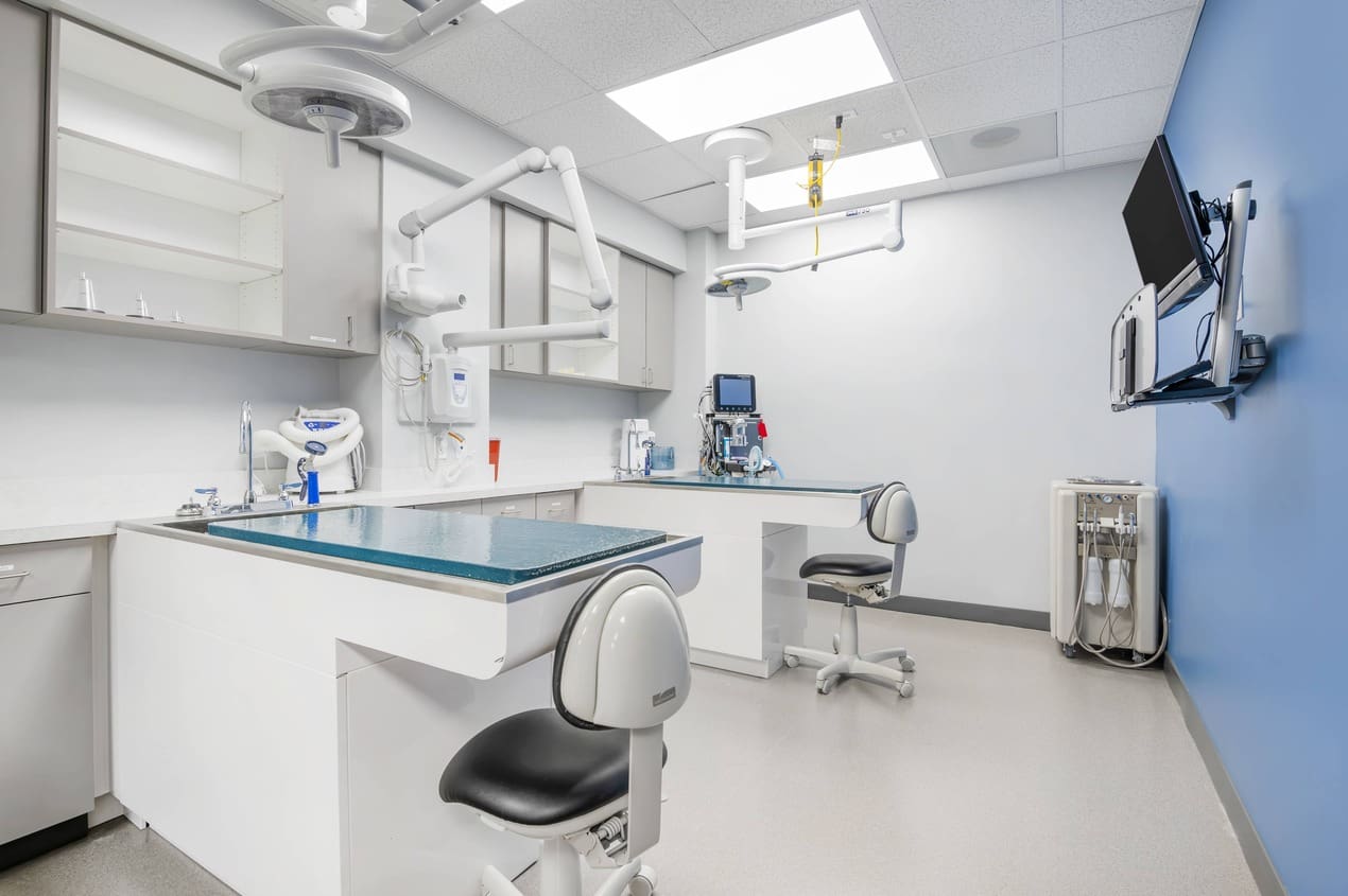 An empty, sterile dental procedure room with two tables